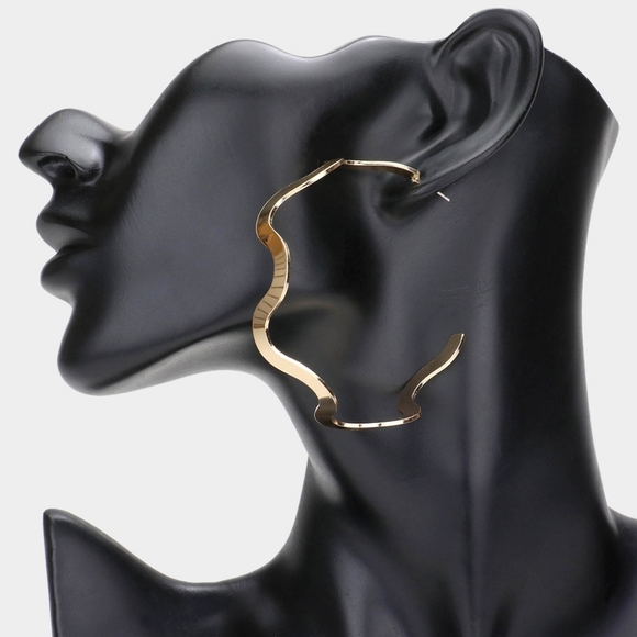 Gold Wavy Hoop Earrings 2.5" Casual Simple Jewelry Fashion Accessories - Picture 2 of 2